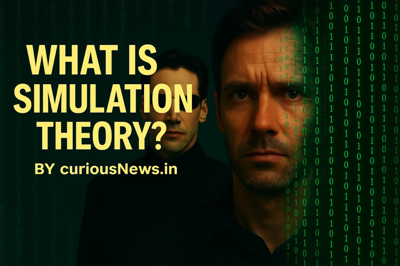 What is Simulation Theory? By Curious news Simulation theory thumbnail with Neo from The Matrix and binary-code face transition."
