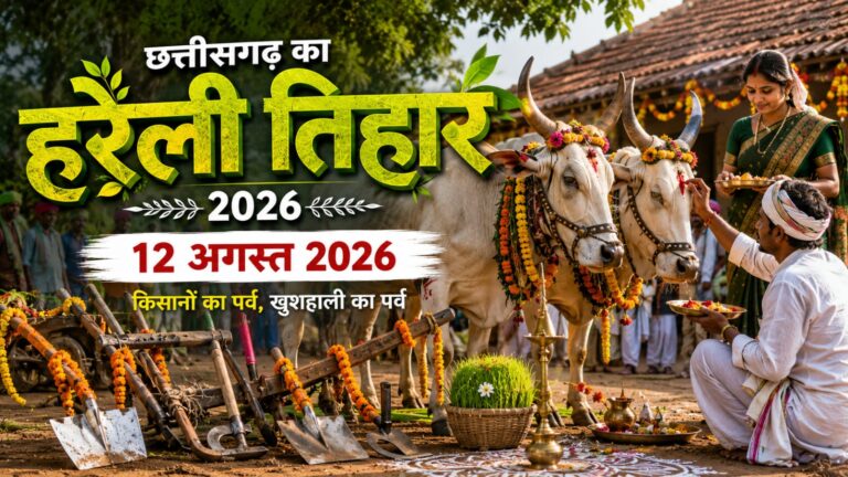 Chhattisgarh Hareli Tihar 2026 with decorated bulls, farming tools worship, rural village festival, farmers performing traditional puja, 12 August 2026 YouTube thumbnail.