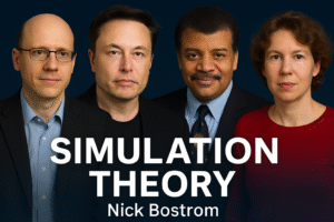 What is Simulation Theory? In Hindi, Nick Bostrom, Elon Musk, Neil deGrasse Tyson, and Sabine Hossenfelder under the title 'Simulation Theory' on a dark blue background.