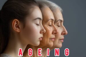 side profile of a young woman and an elderly woman with eyes closed, symbolizing the ageing process, with the word 'AGEING' written on a grey background