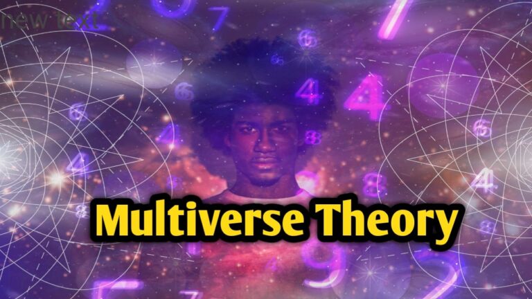 Purple cosmic-themed digital artwork showing a man in the center with numbers, galaxy patterns, and abstract geometric lines in the background, with bold yellow text reading “Multiverse Theory.”