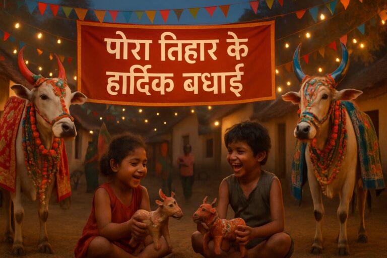 बच्चे मिटटी के बने बैलो से खेलते हुए , सजे धजे बैल और पोरा तिहार की हार्दिक बधाई